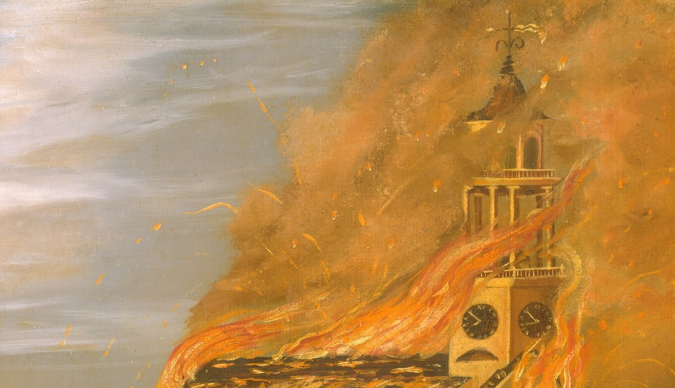 The fire mass is the painting's true protagonist , rendered with layered yellow, orange, and white impasto strokes , and is the primary demonstration of the painter's technical ambition.