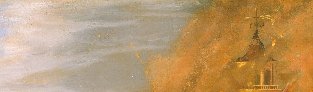 The smoke transitions from orange near the fire to near-black at the top, framing the scene and showing the painter's handling of nocturnal atmosphere , the single most technically demanding passage.