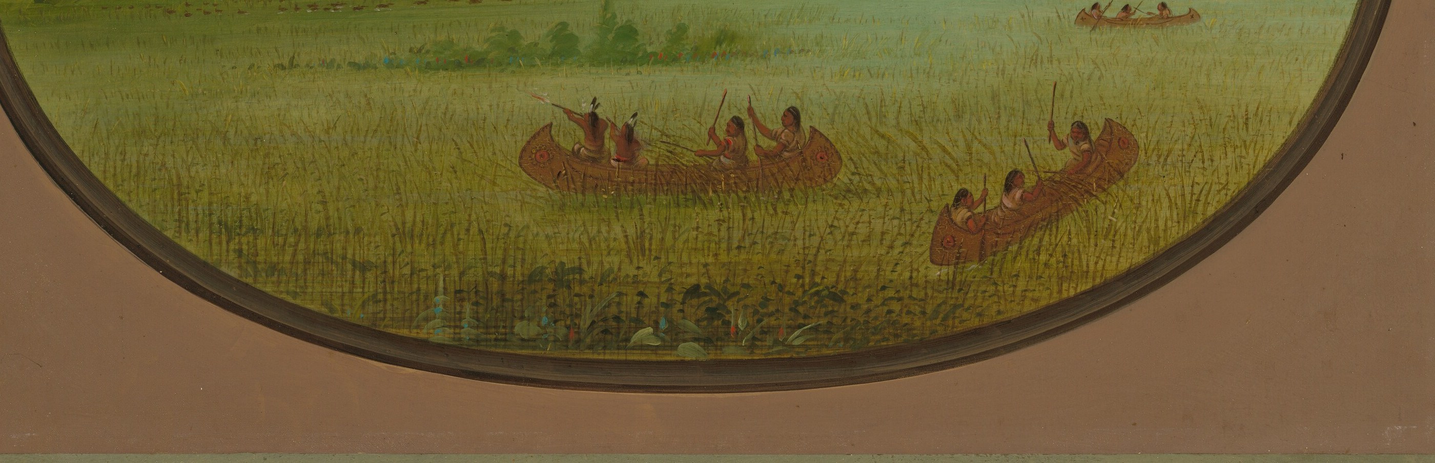 It shows the Winnebago people gathering wild rice.