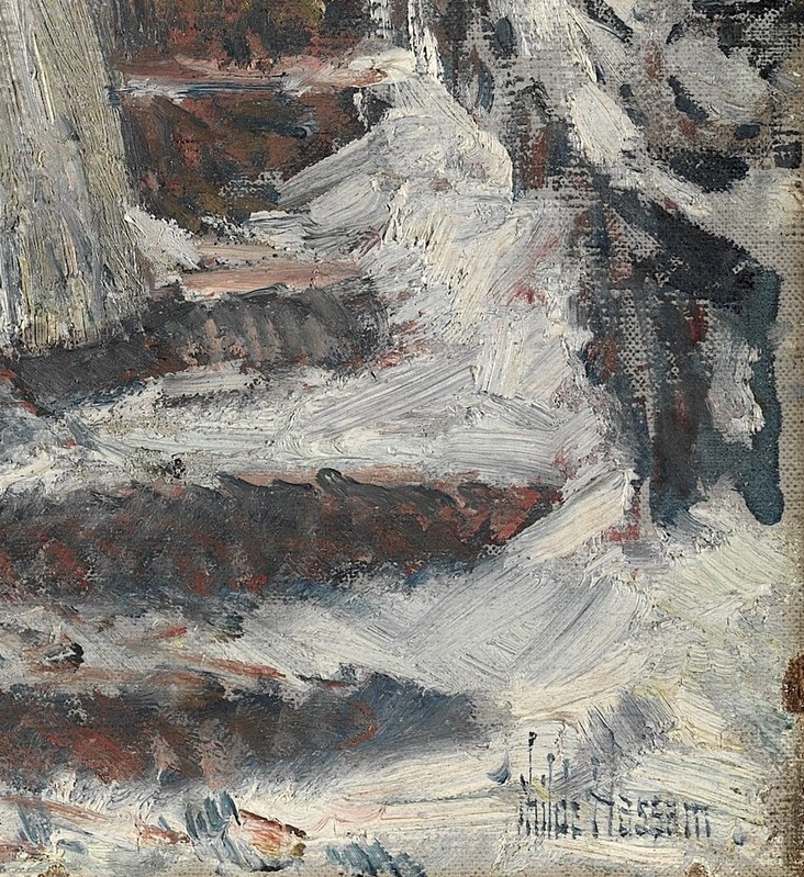 The thick paint captures the weight of snow on the steps.