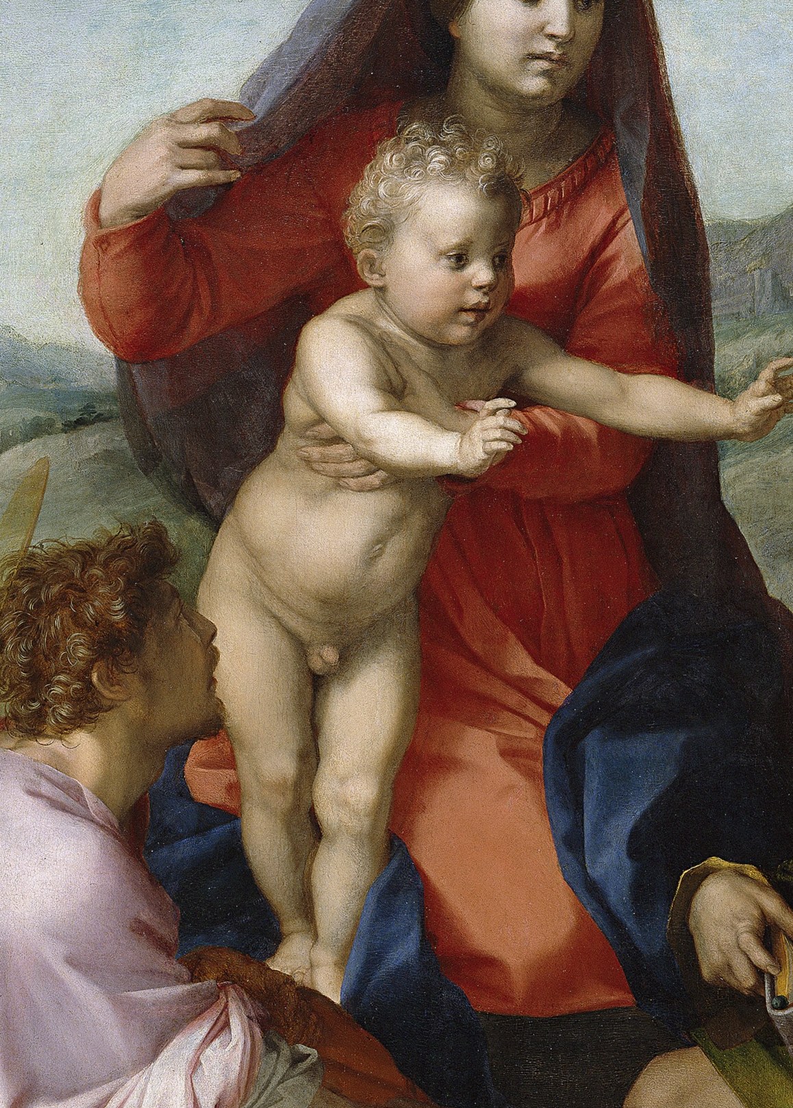 His mother wears the color of heaven.