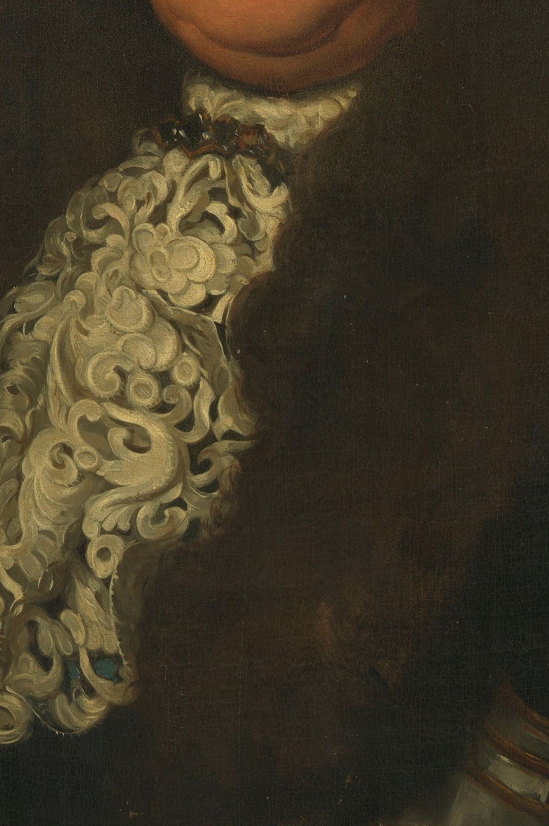 His intricate lace cravat shows off his wealth and status.
