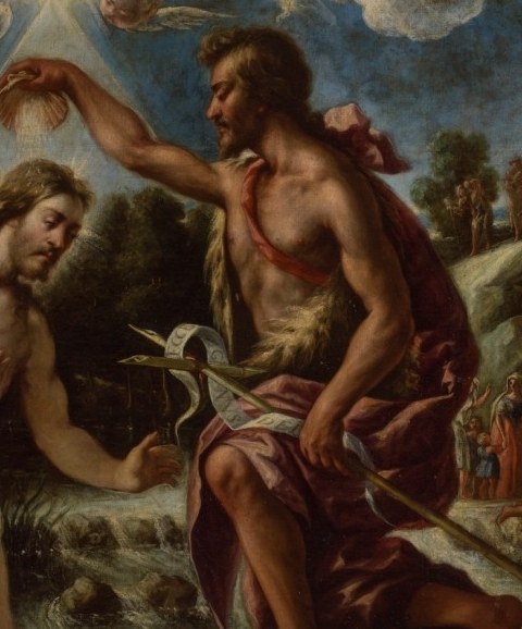 His intense gaze and muscular physique suggest a powerful, divinely inspired figure.
