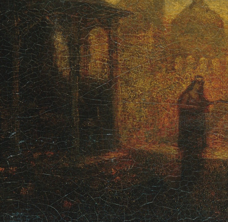 Deep shadows create a somber mood.