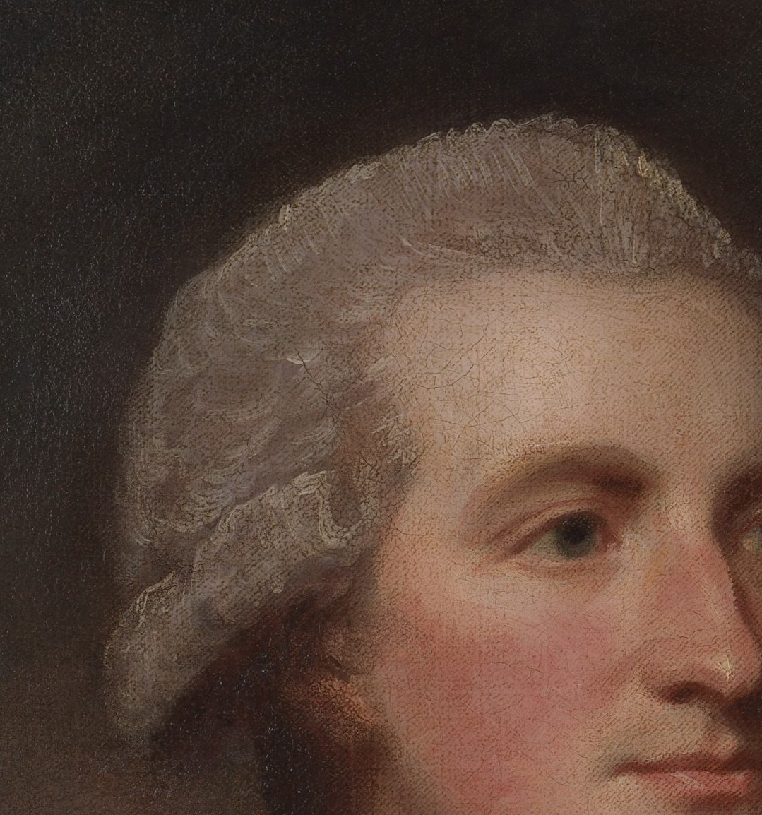 Powdered curls show late 18th-century fashion.