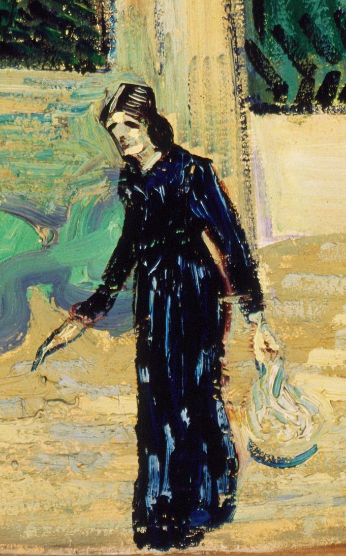 A lone figure, possibly a woman, walking away, adding a sense of melancholy and introspection.