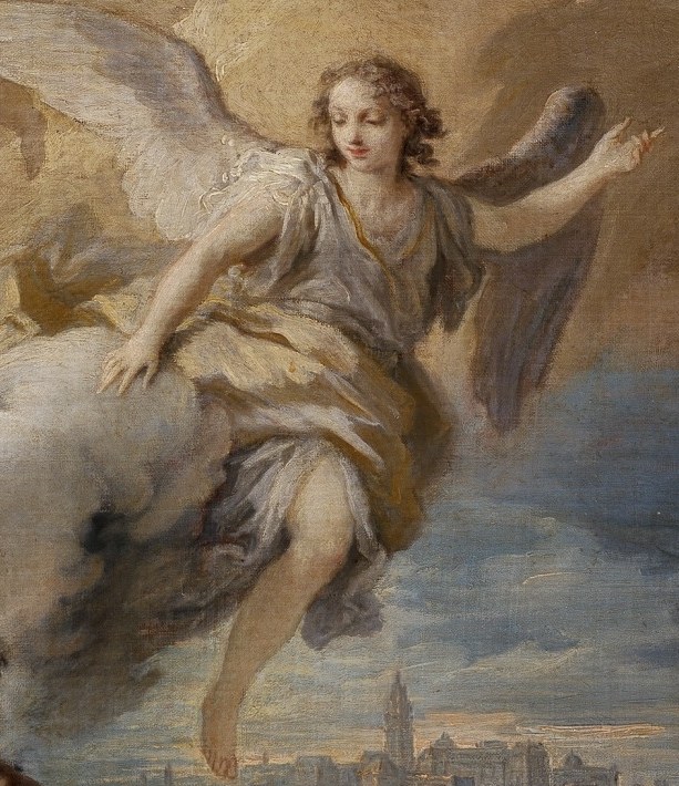 An angel above suggests divine approval for Ferdinand's victory.