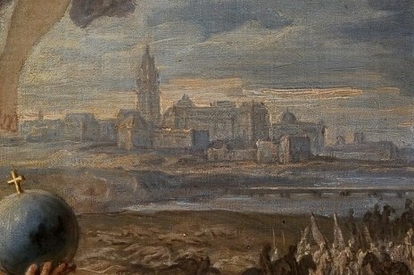 The burning city in the distance underscores the conflict's resolution.