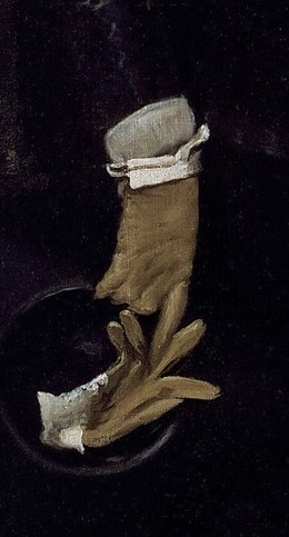 He holds his hat and glove, symbols of knighthood.