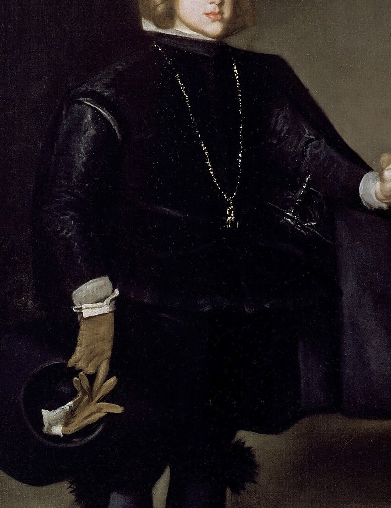 The deep black and subtle sheen of the fabric demonstrate the artist's skill in rendering luxurious materials.