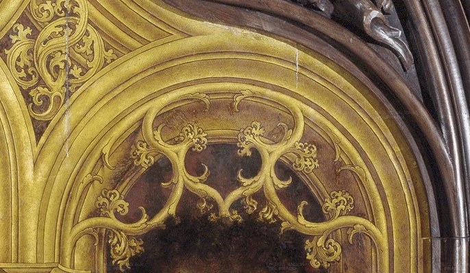 His brushwork makes solid gold gleam in paint.