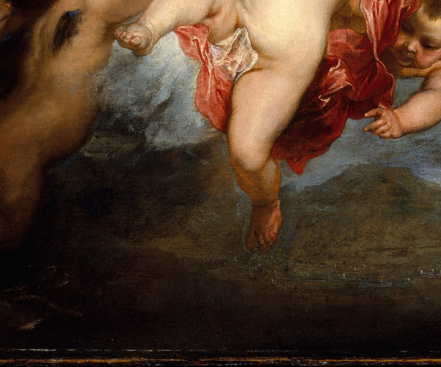 This large foreground cherub points or gestures downward toward the plague-stricken city below , a compositional arrow linking the celestial scene to the human suffering it addresses.
