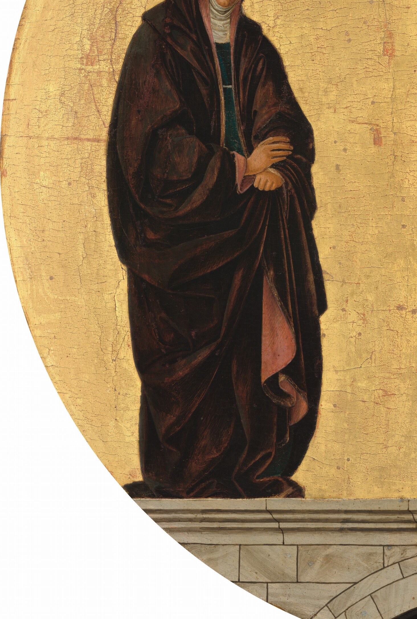 Her deep blue mantle, clasped book, and sorrowful downward gaze make her the emotional anchor of the left half; gold halo confirms her identity