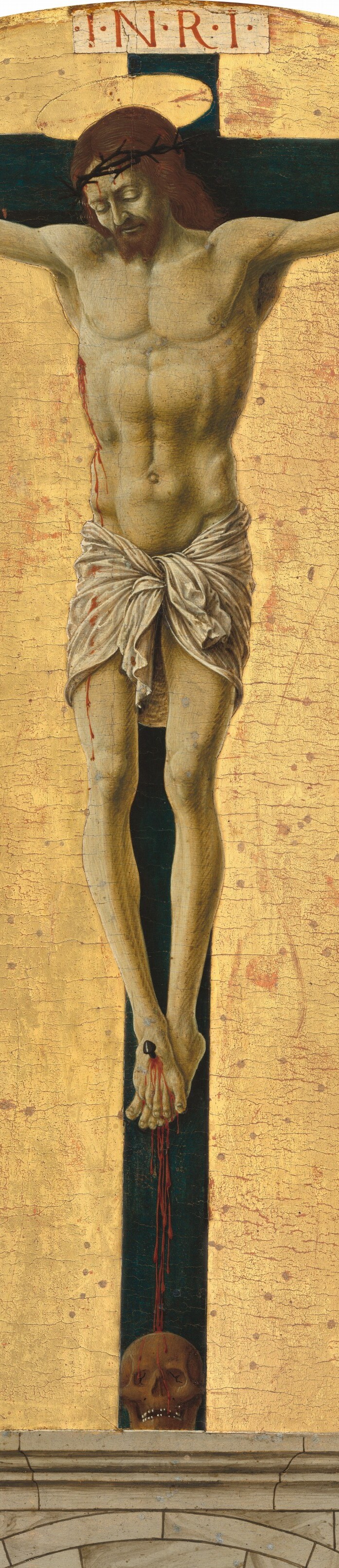 The dark upright anchors the composition vertically and contrasts starkly with the gold ground, drawing the eye from foot to crown