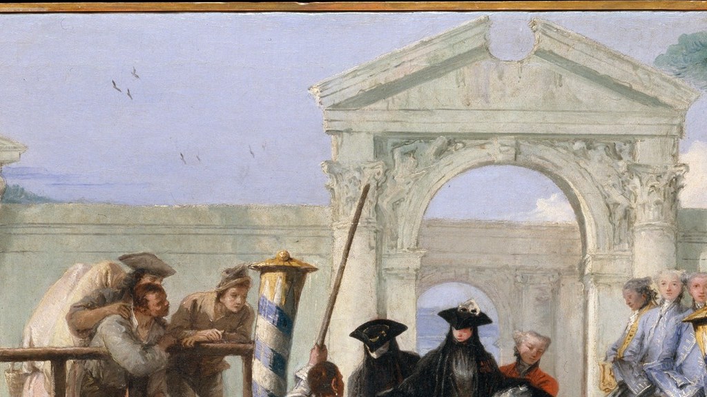 The arch frames the crowd like a stage proscenium, a Tiepolo compositional signature, while placing the scene on a formal palazzo or garden waterfront.