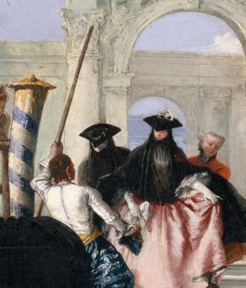 The lightest, brightest figure in the composition, almost certainly the departing subject; her bearing and costume encode rank and occasion simultaneously.