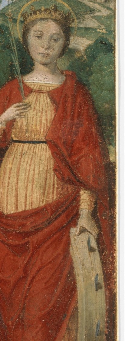 She carries the palm. The sign for every viewer in 1510: she has already won.
