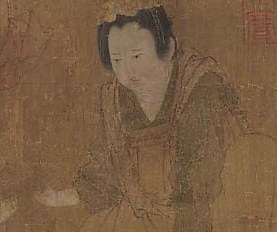 Her regal attire and posture suggest a figure of status within the household.