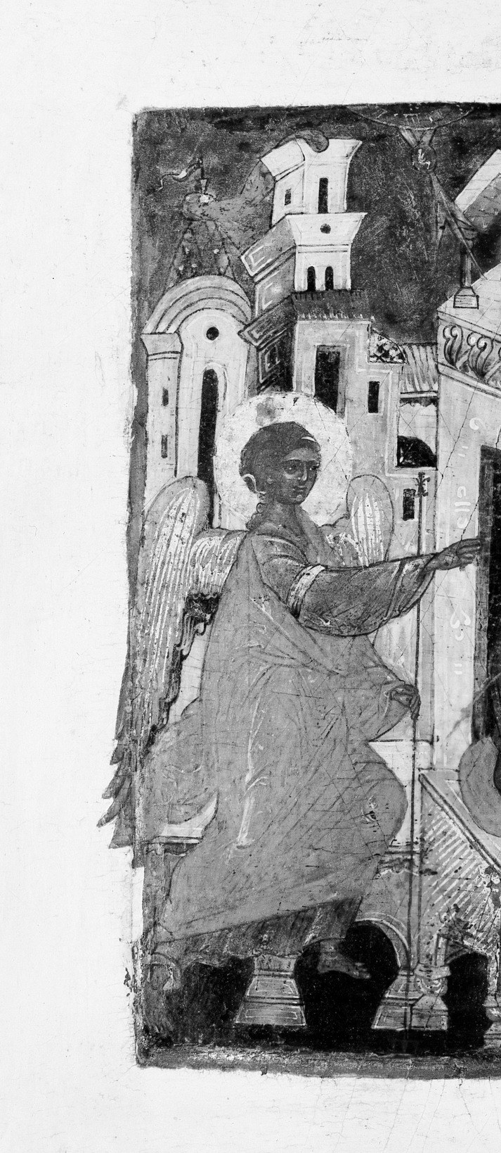 Gabriel's body leans the whole divine imperative forward.