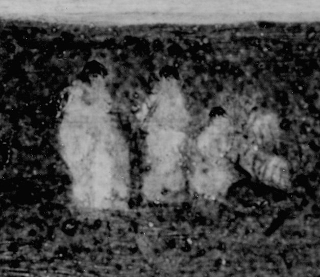 Five ambiguous figures, walking into a black void.