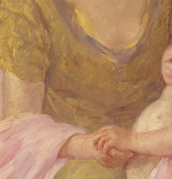 The child's open, outward-facing expression creates a visual dialogue with the mother's downward gaze , two directions of attention held in one intimate orbit