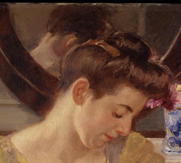 Her closed, tilting gaze downward is the emotional core of the painting , tenderness made visible in a single gesture