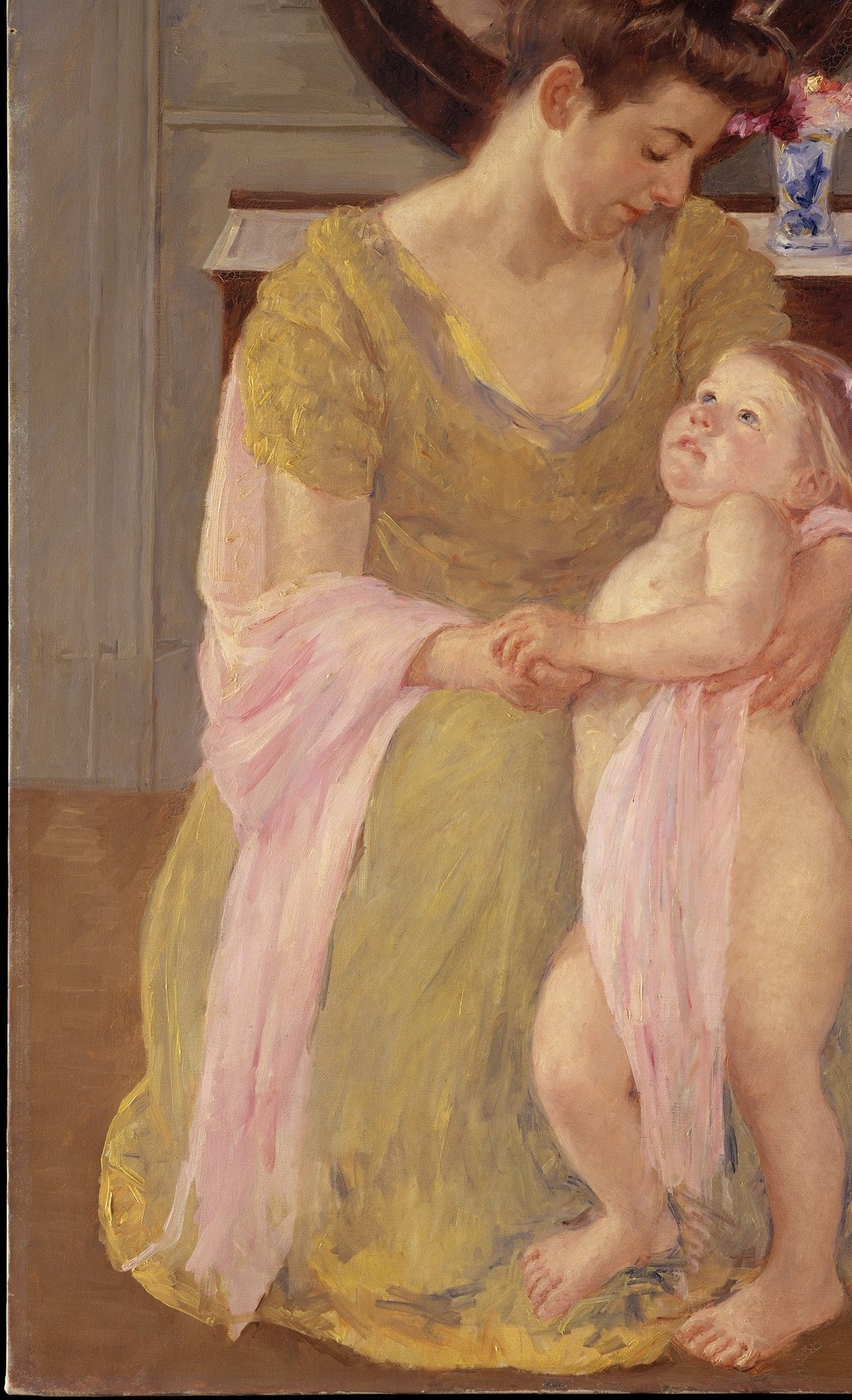 An Impressionist color study in itself , Cassatt uses this chartreuse-gold to capture diffuse interior light and demonstrate why she belonged among the Paris avant-garde