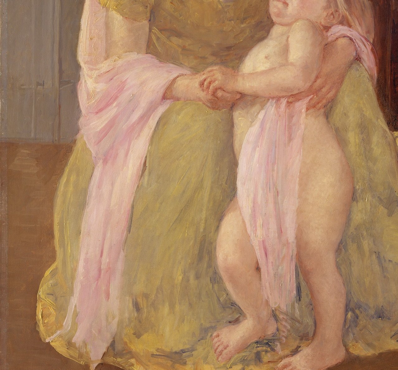 The title element , the scarf bridges the two figures chromatically and structurally, its warm rose playing against the mother's cool yellow-green dress