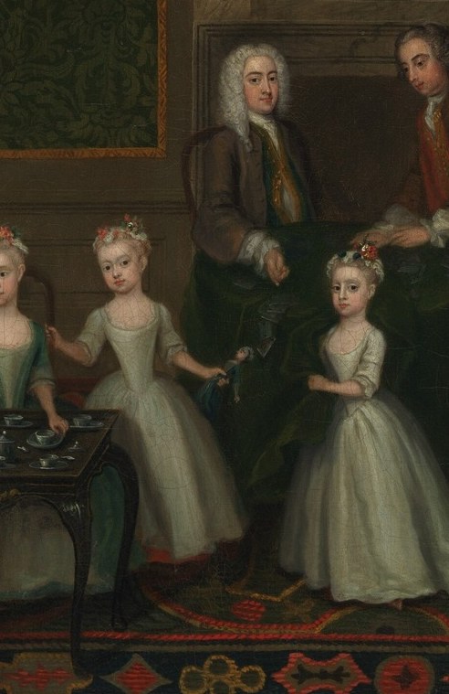 The only figure caught in mid-motion; her outstretched arm is the painting's single candid gesture and breaks the formal rigidity of the posed group
