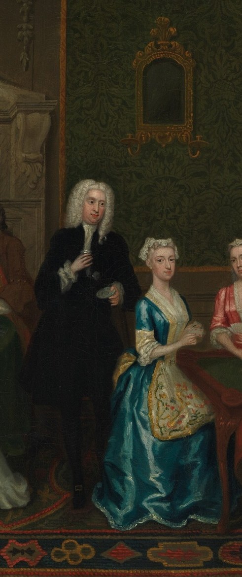 The painting's brightest chromatic accent; satin highlight passages here demonstrate Philips's fabric-rendering skill and her conspicuous material wealth