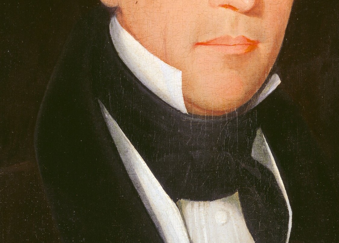 Notice his formal cravat and collar, a mark of respectability then.