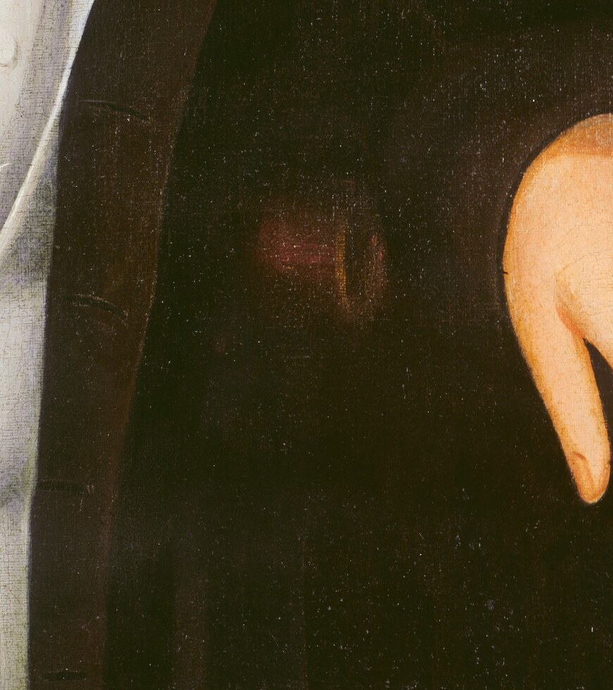 His right hand, carefully rendered, signals ease and status.