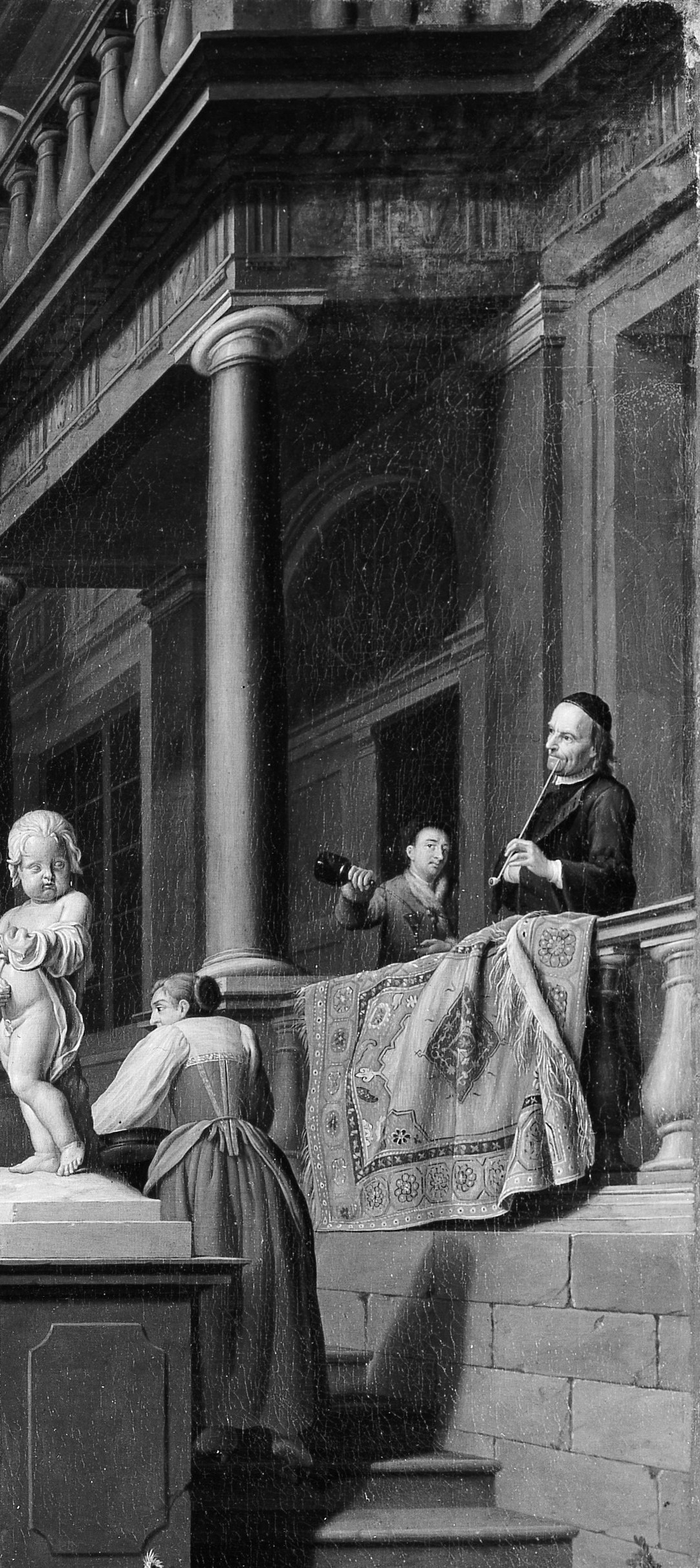 The architecture frames the entire scene and asserts the courtly setting unambiguously , this is not a bourgeois garden but a prince-elector's palace facade.
