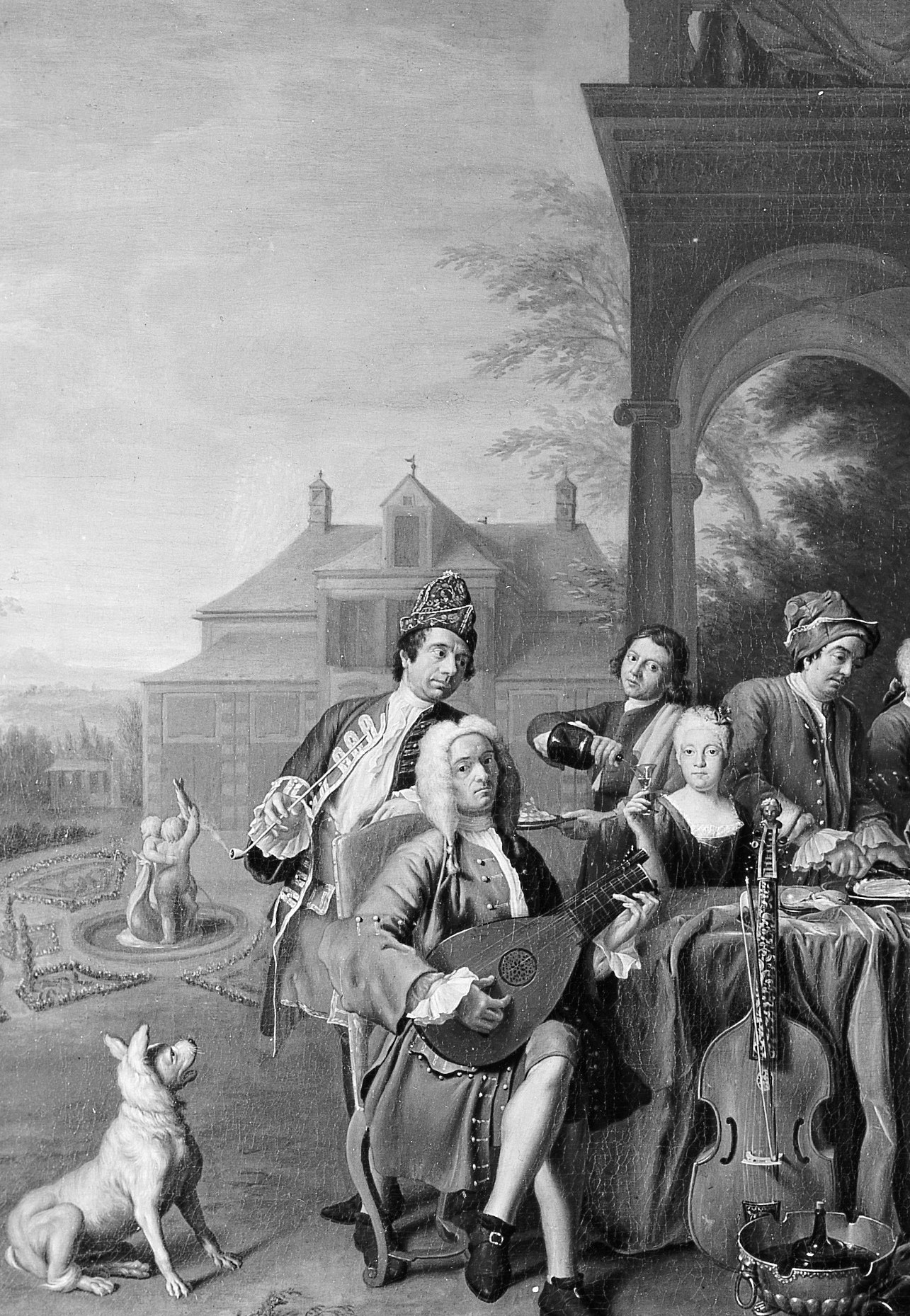 Courtiers cluster around the central performer.