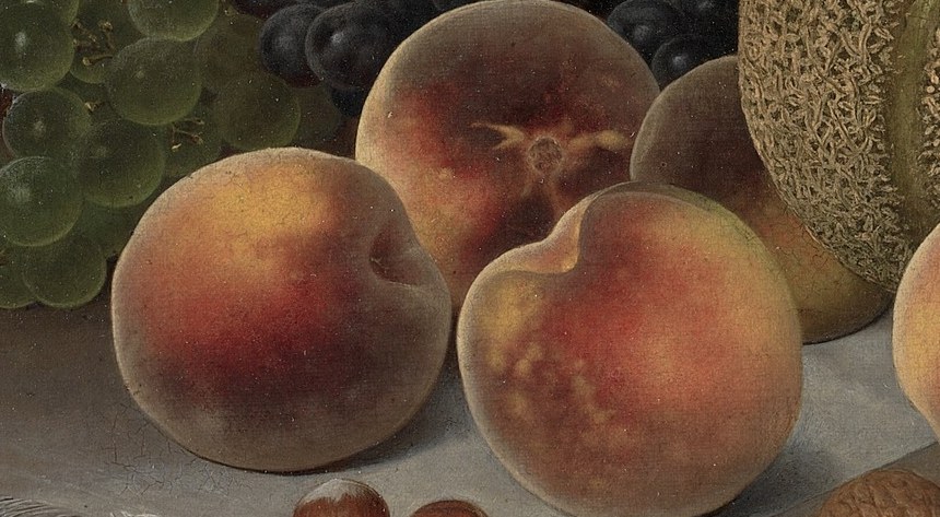 The soft blush and velvety texture of the peaches convey ripeness and a delicate sweetness.