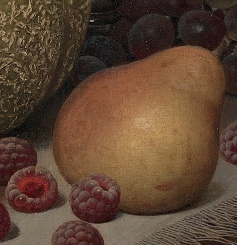 A single pear shines with golden light.