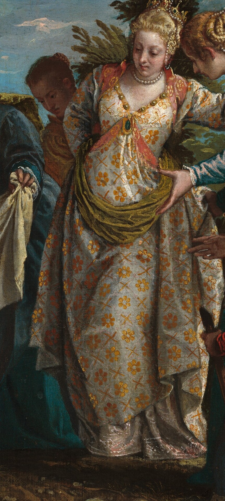 Her regal attire and central placement suggest her importance in the narrative.