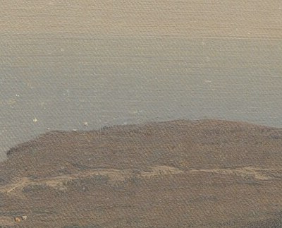 The painting's entire argument , Gifford inscribed himself into the wilderness to prove plein-air authenticity; a camera landing here reveals the scale of one human against an immense coast