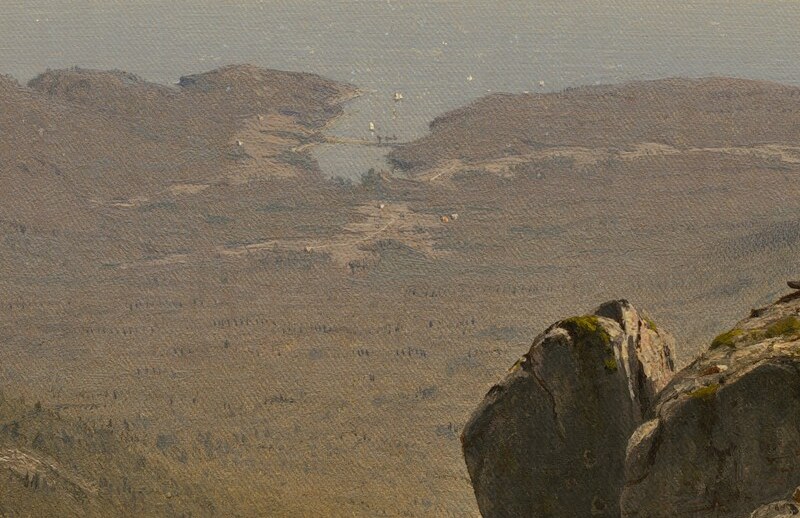 The abrupt spatial fall from the ledge into the vast recession below creates the painting's drama , the artist perches at the edge of a vertiginous drop