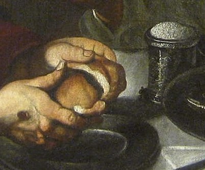 During supper, the stranger breaks bread, and they recognize Him.