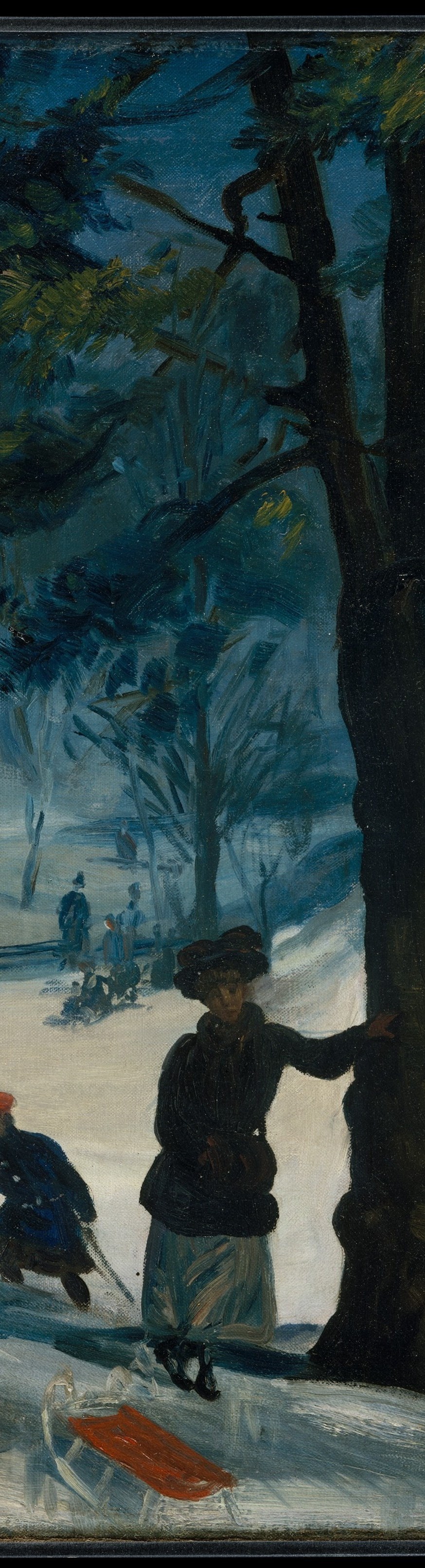 The dominant compositional spine of the painting , its near-black bark against brilliant snow creates the strongest tonal contrast in the canvas and draws the eye immediately.