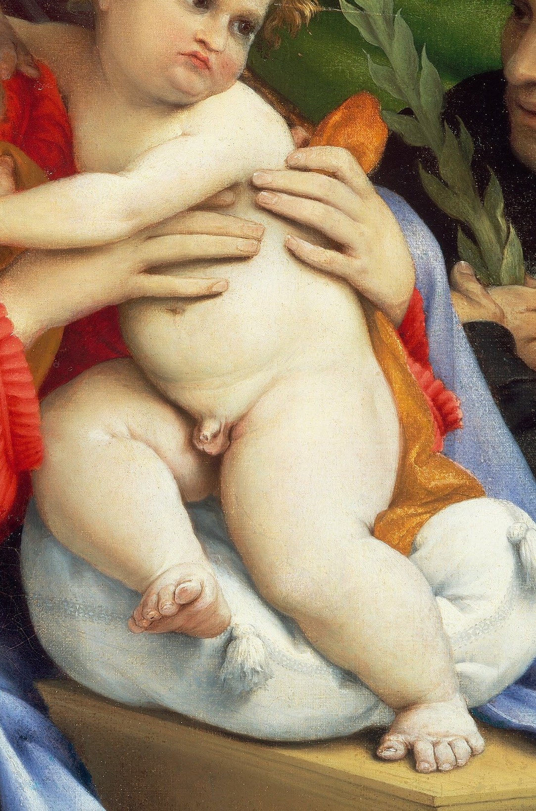 His plump, delicate hands are rendered with exquisite detail, emphasizing his vulnerability and humanity.