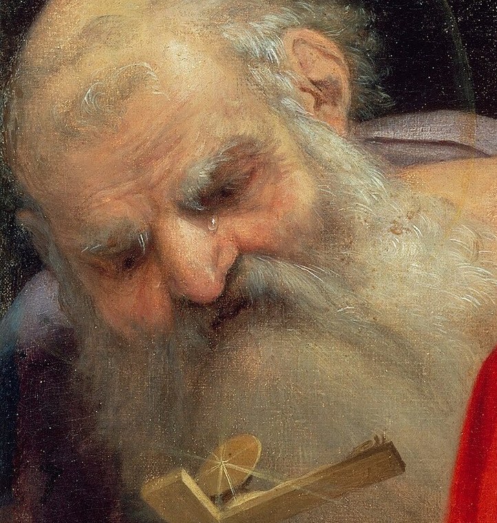 His aged, weathered face conveys wisdom and a deep sense of contemplation.