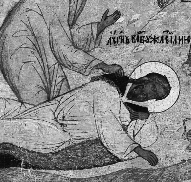 Here, Elisha lies prostrate, then points.