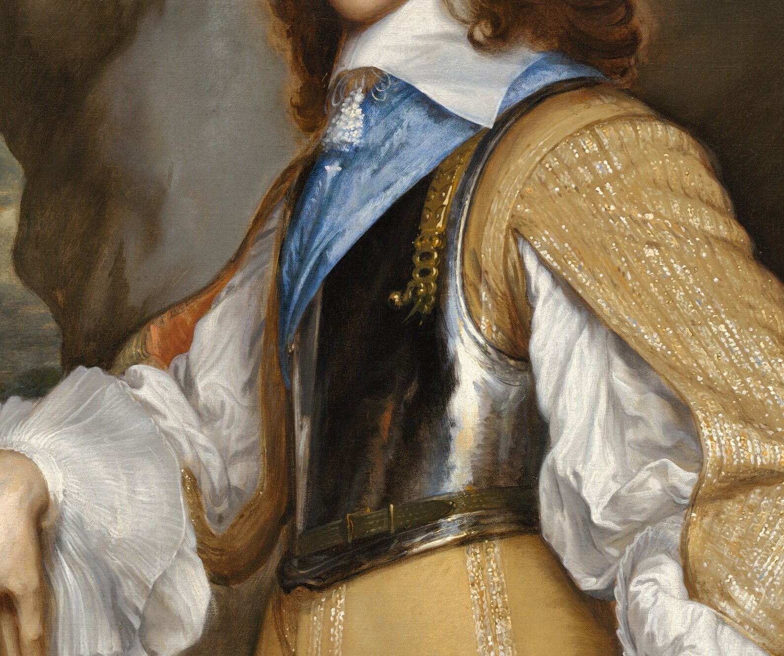 The shimmering fabric texture across Henry's torso is a technical bravura passage; the tight weave pattern differentiates silk from satin from embroidery.