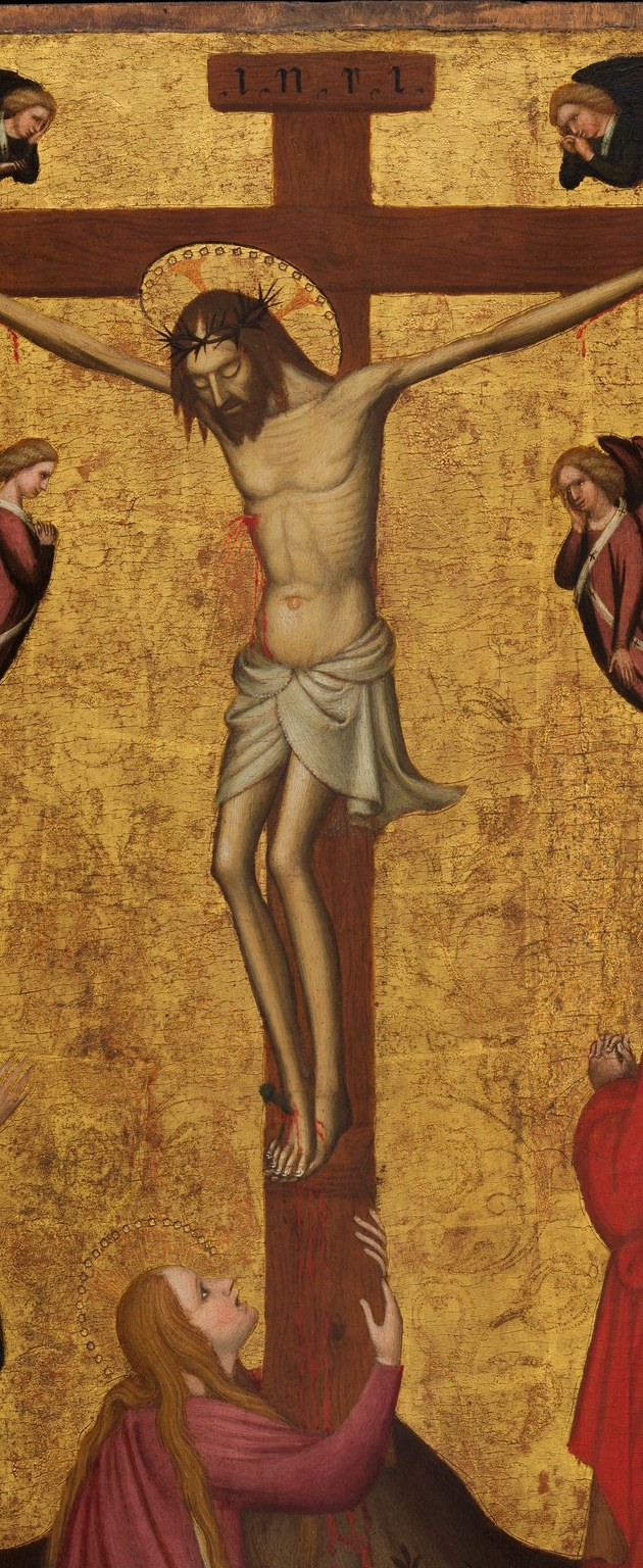 The pale, limp body is the compositional anchor; the drooping head and outstretched arms embody the entire theological weight of the scene.
