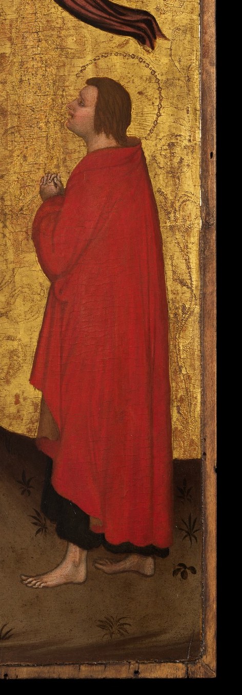 Likely St. John the Evangelist; the saturated vermilion robe creates a striking color counterpoint to Mary's blue, anchoring the composition's right edge.