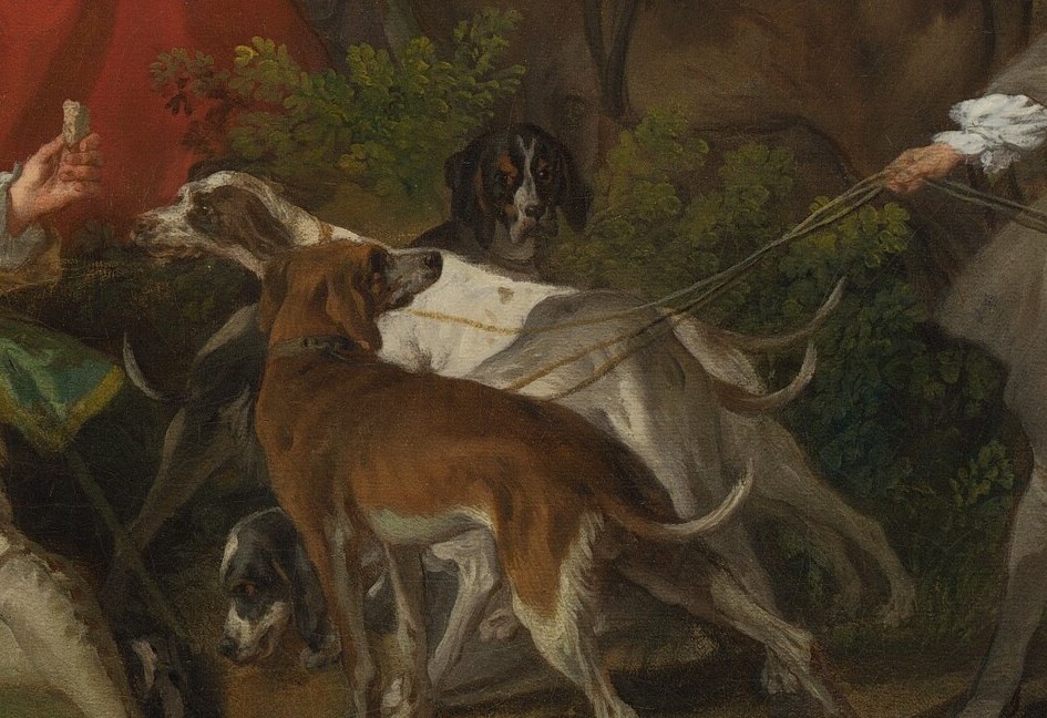 The dogs and horses confirm this is a post-hunt gathering.