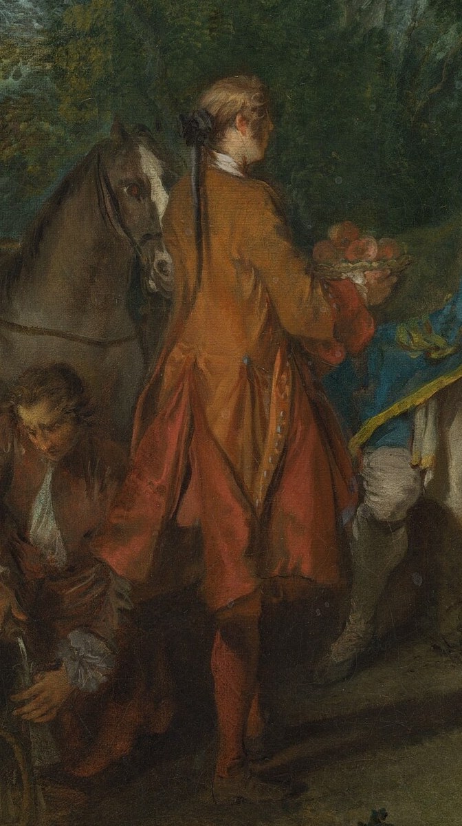 His gesture and gaze towards the central figures indicate engagement in the social scene.