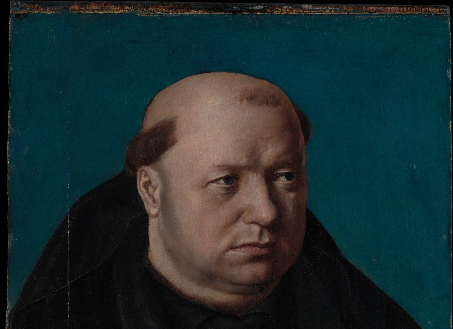 The saturated blue-green, visible around head and shoulders, is a deliberate Flemish convention for distinguishing the sitter from a dark ground; its hue prevents the dark habit from merging with shadow.
